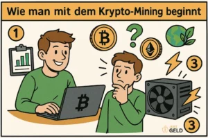 Comicstil Infografik: Einstieg ins Krypto-Mining mit Bitcoin, Ethereum und Mining-Gerät. - Just-Geld.de